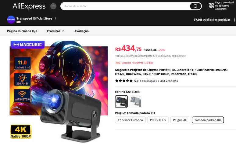 Na parte inferior, à direita, as opções de plugues no AliExpress — lista também pode ser em siglas ou imagens (Imagem: Captura de tela)