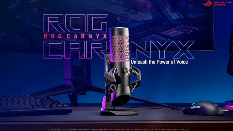 The ROG CARNYX also features a metal shock mount and elastic cables to prevent noise from the table or other peripherals from reverberating into the microphone (Image: Disclosure/ASUS ROG) The ROG CARNYX also features a metal shock mount and elastic cables to prevent noise from the table or other peripherals from reverberating into the microphone (Image: Disclosure/ASUS ROG)