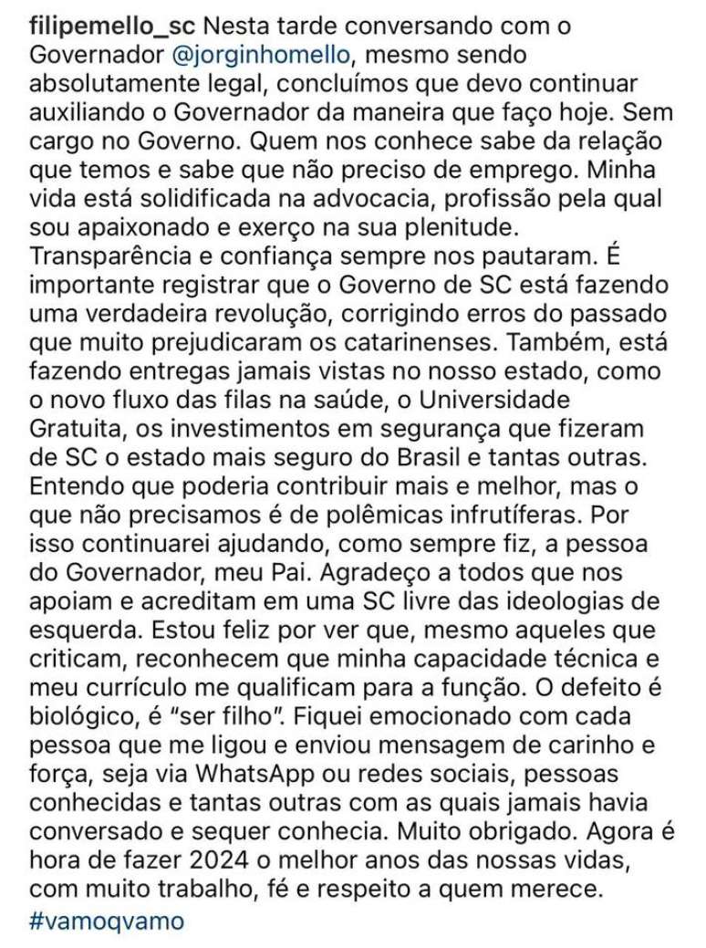Filho do governador de Santa Catarina anunciou a sua desistência de assumir a Casa Civil do Estado nesta terça-feira, 9