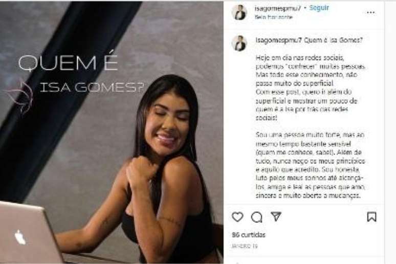 Nas redes sociais, Isa Gomes fez post falando sobre si