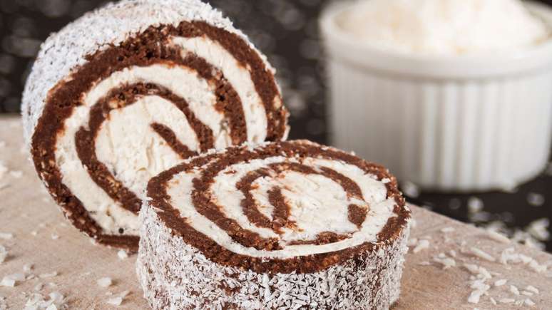 Chocolate roulade with grated coconut to sell or enjoy