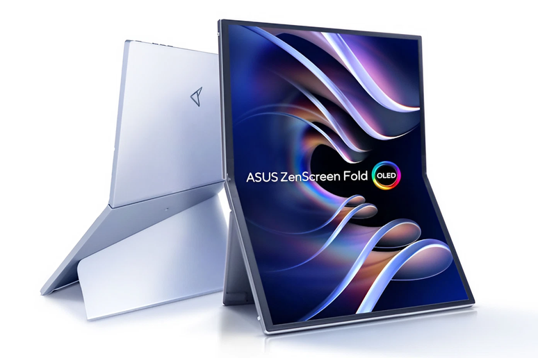 O ASUS ZenScreen Fold lembra o notebook flexível da gigante, embarcando um grande painel OLED de 17,3 polegadas em um corpo de transporte facilitado (Imagem: Divulgação/ASUS)