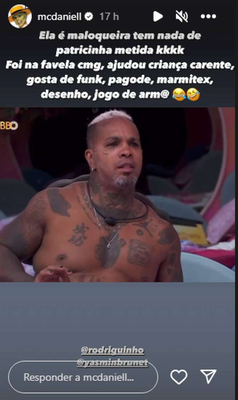 MC Daniel fala sobre personalidade de Yasmin Brunet.