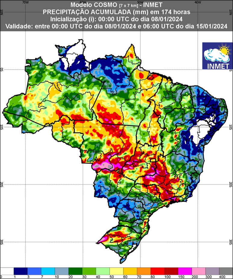 Previsão de chuva para 8 a 15/01/2024