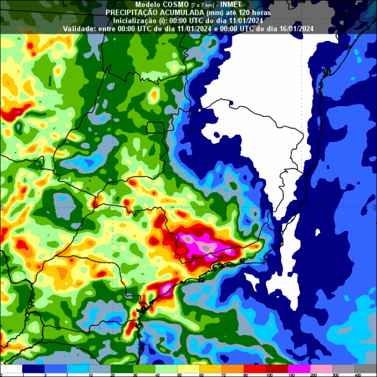 Mapa de chuva acumulada para 5 dias – até as 21h (horário de Brasília) do dia 15/01