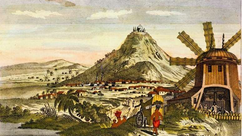 Gravura mostra o Cerro Rico, a cidade de Potosí (hoje parte da Bolívia) e um moinho para processamento de minério, em cerca de 1820