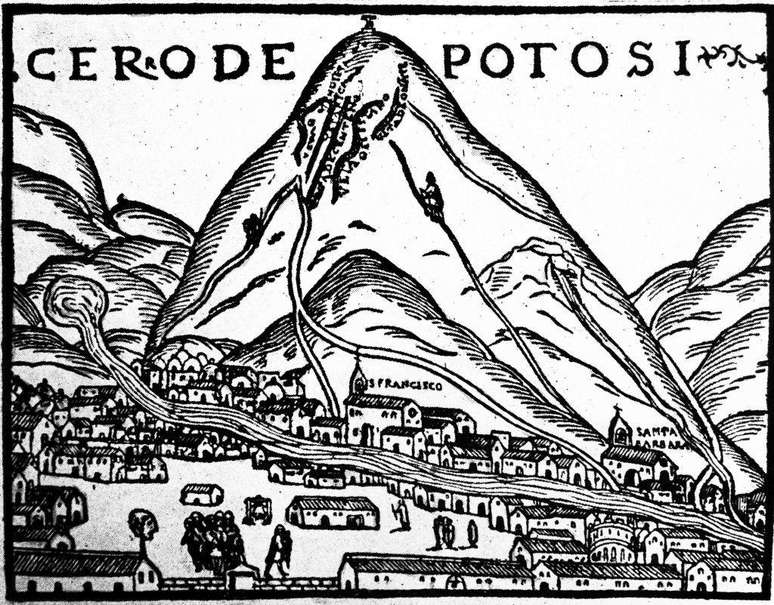 Vista da cidade de Potosí, em ilustração do livro 'Crónica de Perú', de Pedro Cieza de León (1553)