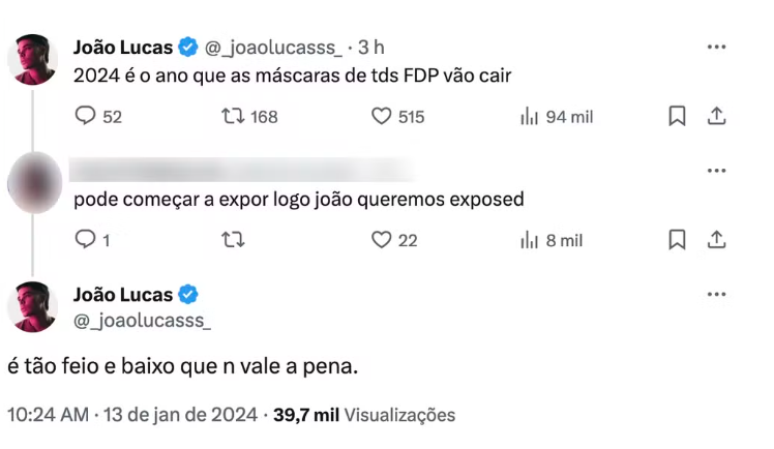 Singer João Figueiredo shared an indirect message on his Twitter profile