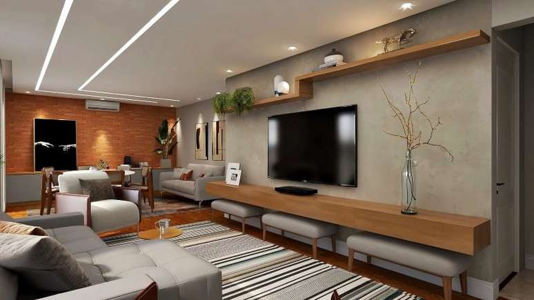 13. Sala de estar e jantar integrada: sala de jantar, estar e tv com estilo contemporâneo, trazendo conforto e aconchego – Projeto: Alécio Dória