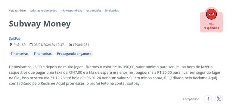 Reclamação no ReclameAqui informa valor alto para poder sacar e taxas na fila de espera para receber o pagamento (Imagem: Captura de tela/André Magalhães/Canaltech)