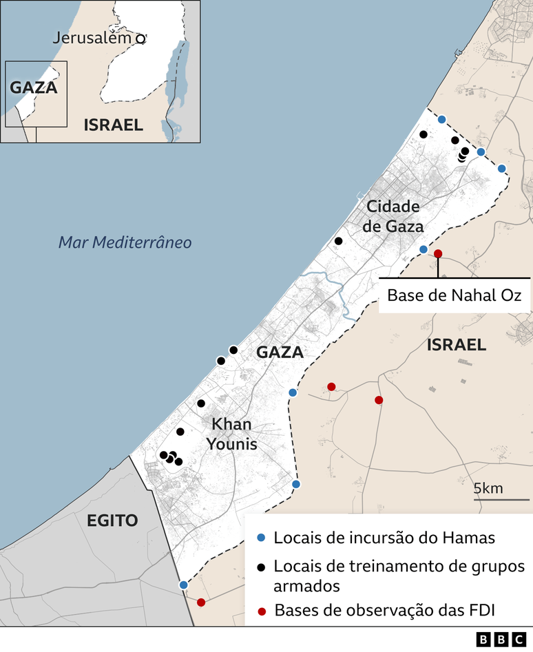 Mapa de Gaza com vista parcial de Israel, mostrando a cerca da fronteira, bases de observação das FDI, locais de exercícios de grupos armados e locais de incursão do Hamas