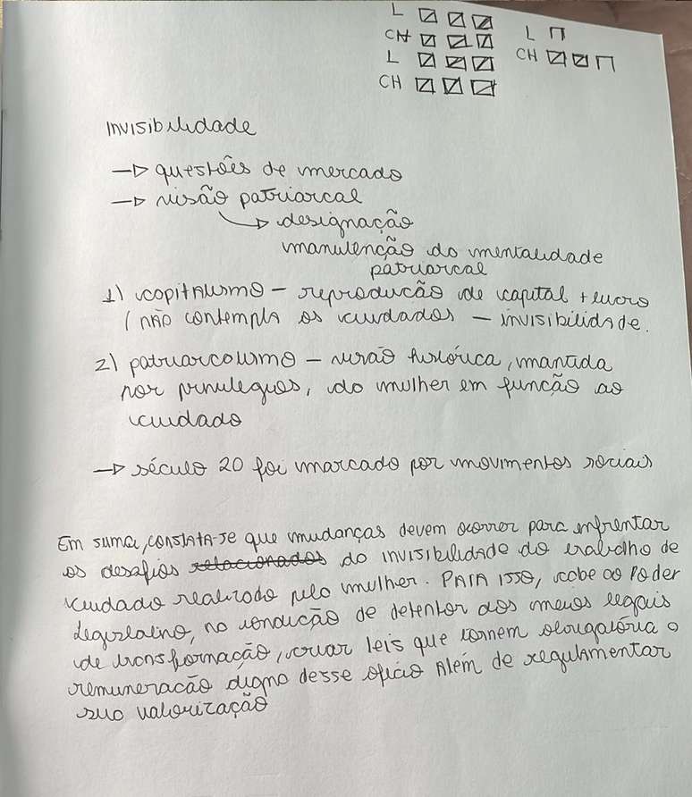 Luana esquematiza seus argumentos antes de começar a escrever a redação