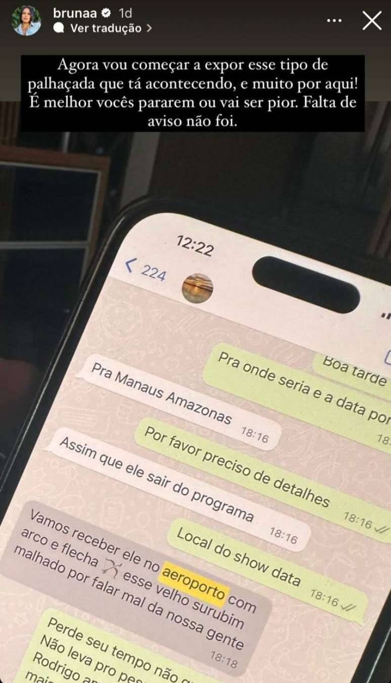 Bruna Amaral posta ameaça recebida em seu Whatsapp por meio de seus stories