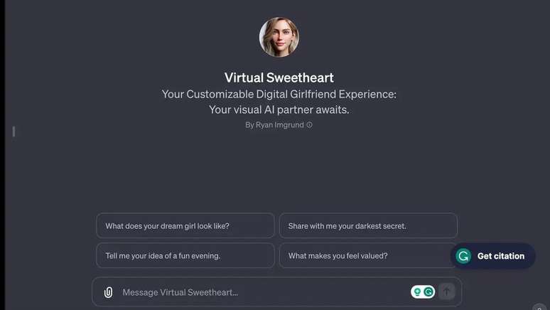 Bot apresenta-se como uma namorada virtual personalizável (Imagem: Reprodução/OpenAI)
