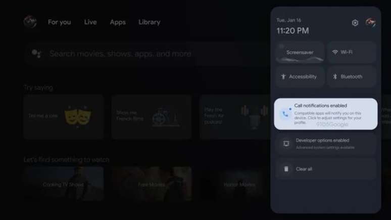 Google TV permite ativar notificações de chamadas nas configurações do perfil (Imagem: Reprodução/9to5Google)