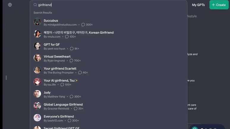 GPTs de namoradas virtuais vão contra as regras da plataforma, mas ainda aparecem na loja da OpenAI (Imagem: Reprodução/OpenAI)