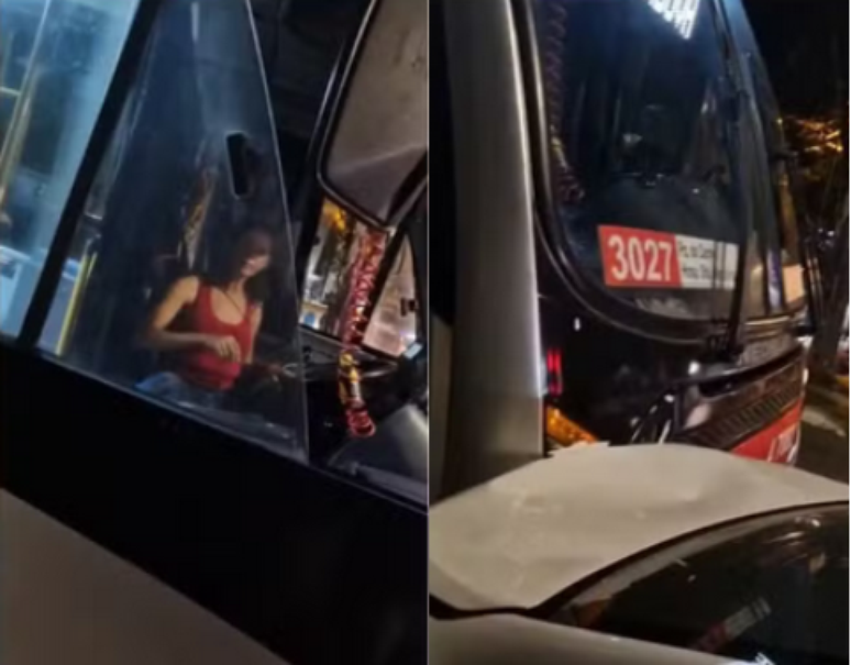 A mulher foi filmada colidindo contra outros quatro veículos enquanto tentava mover o ônibus