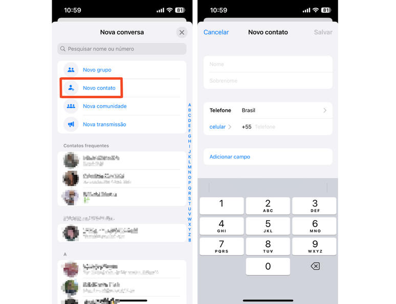 Como adicionar contato pelo atalho no WhatsApp para iOS (Imagem: Captura de tela/Victor Carvalho/Canaltech)