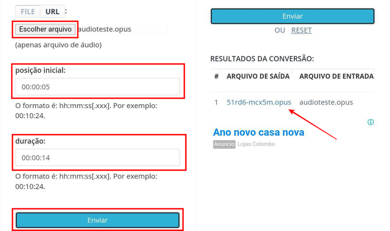 No Aconvert, é preciso estabelecer o tempo exato de corte para salvar o arquivo de áudio editado (Imagem: Captura de tela/Fabrício Calixto/Canaltech)