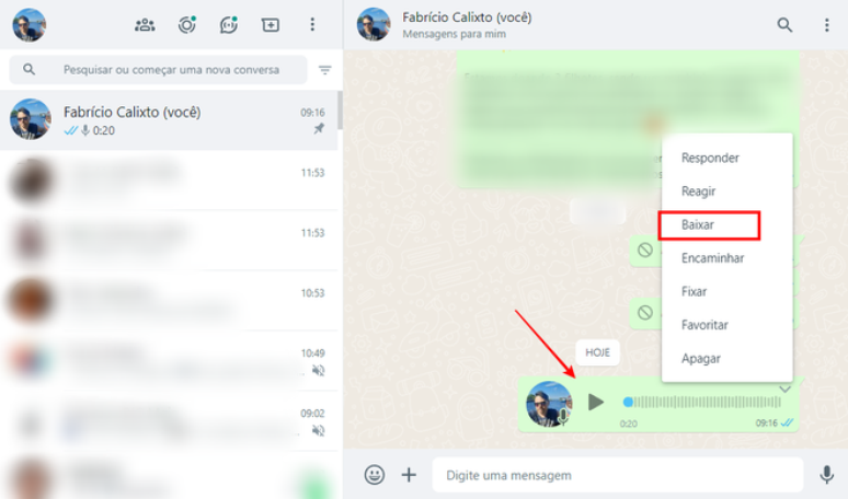 Você pode baixar áudio de conversas do WhatsApp Web (Imagem: Captura de tela/Fabrício Calixto/Canaltech)