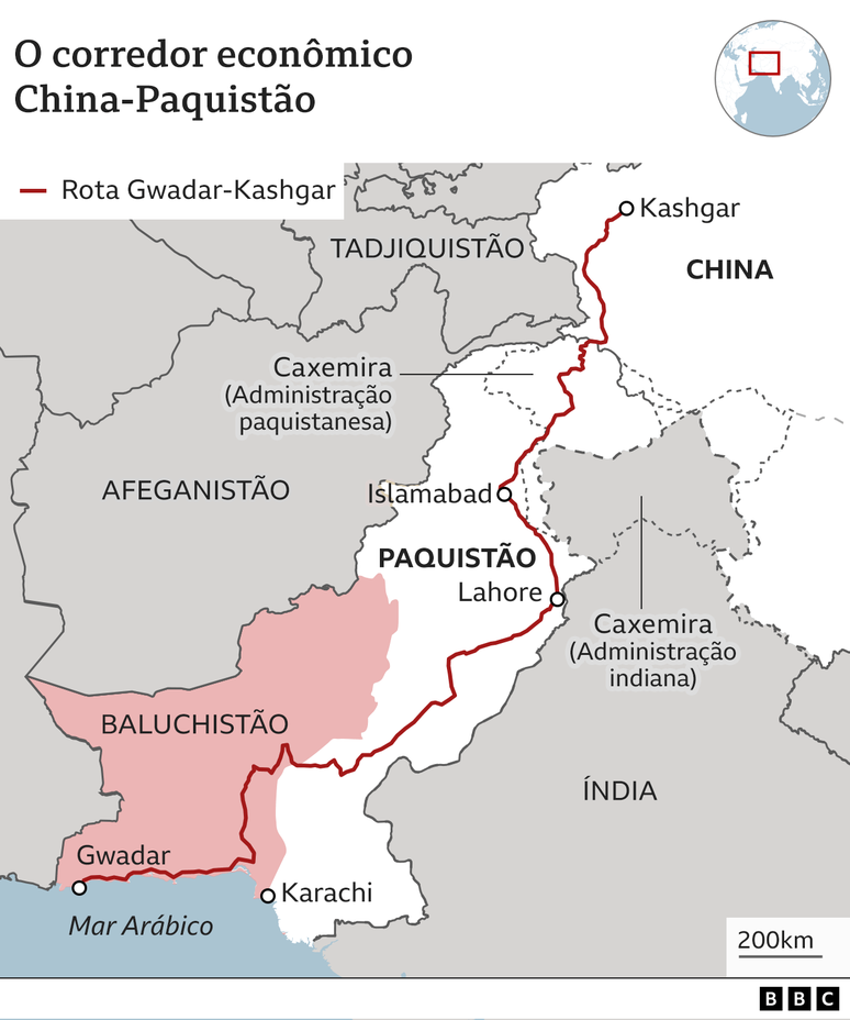 Mapa mostra 'Corredor econ&ocirc;mico' China-Paquist&atilde;o
