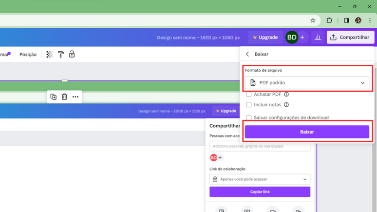 Exporte o projeto em PDF no Canva pelo PC (Imagem: Captura de tela/Bruno De Blasi/Canaltech)