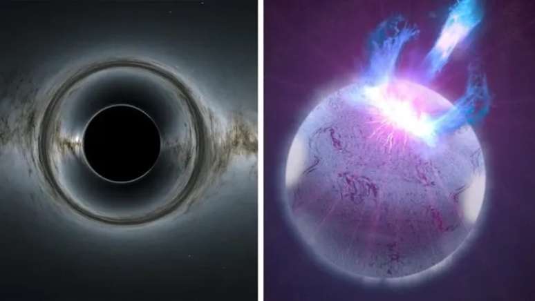 Ilustrações de um buraco negro (esquerda) e campos magnéticos em erupção na superfície de uma estrela de nêutrons 