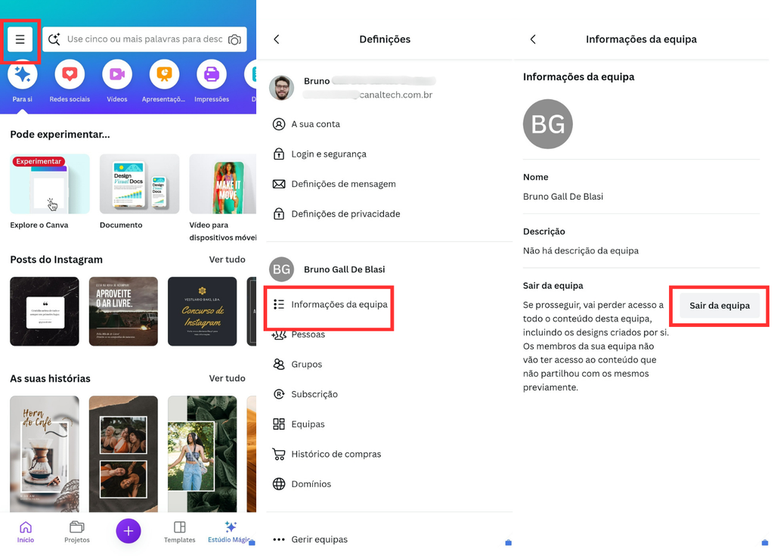 Você também pode sair de uma equipe no Canva pelo celular (Imagem: Captura de tela/Bruno De Blasi/Canaltech)