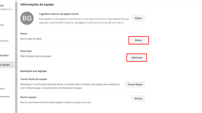 Altere o nome e a descrição de uma equipe nas configurações do Canva (Imagem: Captura de tela/Bruno De Blasi/Canaltech)