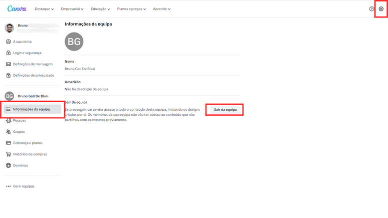 Acesse as configurações do Canva para PC para sair de uma equipe (Imagem: Captura de tela/Bruno De Blasi/Canaltech)