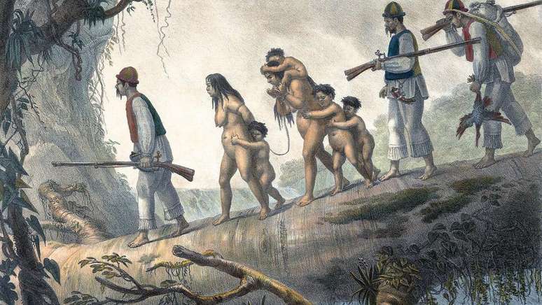 Selvagens Civilizados, Soldados &Iacute;ndios de Curitiba Conduzindo Prisioneiros, de Jean Debret