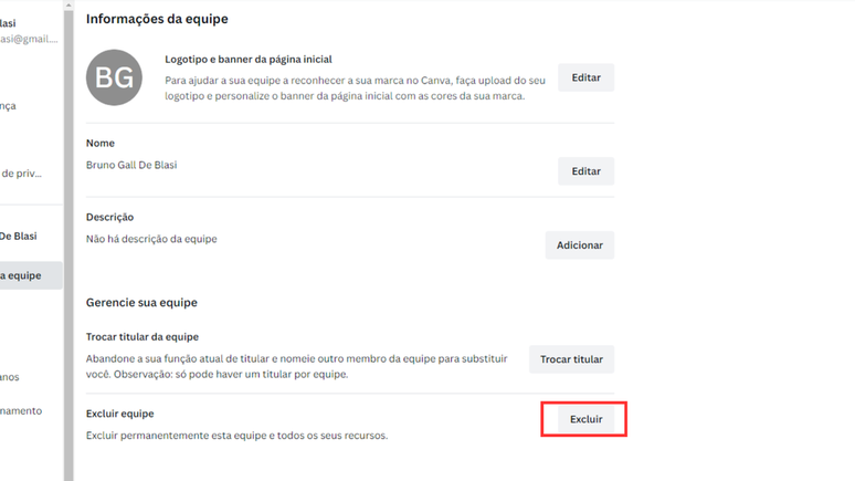 Administradores podem excluir equipes no Canva pelas configurações (Imagem: Captura de tela/Bruno De Blasi/Canaltech)