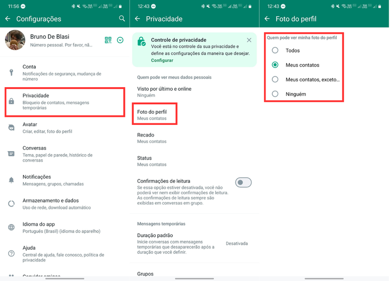 Altere quem pode acessar sua foto de perfil do WhatsApp (Imagem: Captura de tela/Canaltech/Bruno De Blasi)