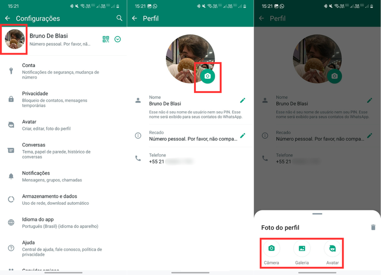 Alteração da foto do WhatsApp no Android é feita nas configurações do app (Imagem: Captura de tela/Bruno De Blasi/Canaltech)