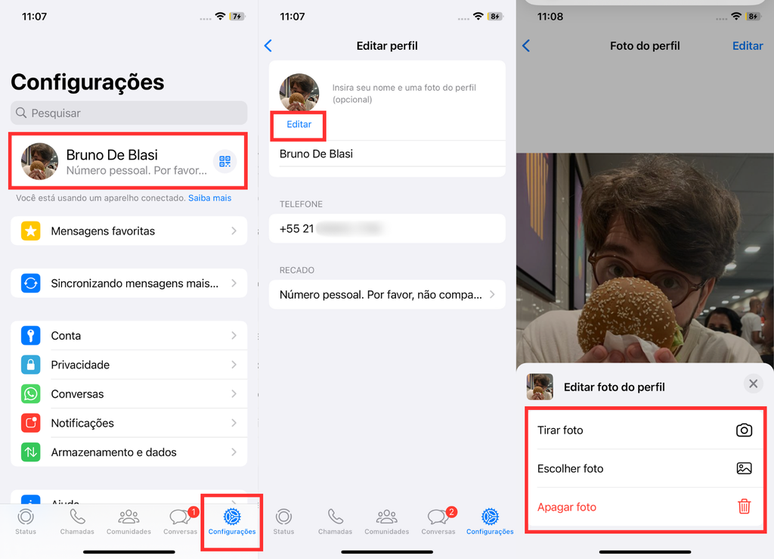 Foto do perfil pode ser alterada nas configurações do WhatsApp para iPhone (Imagem: Captura de tela/Bruno De Blasi/Canaltech)