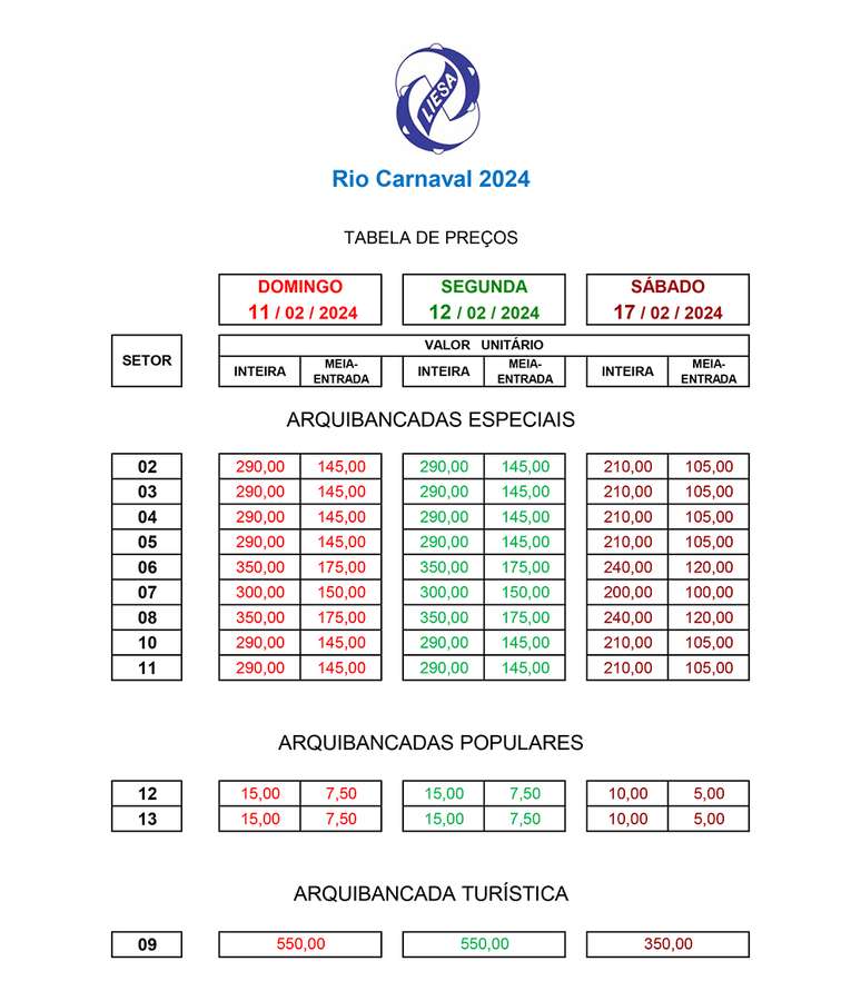 Confira preços tabelados pela Liesa