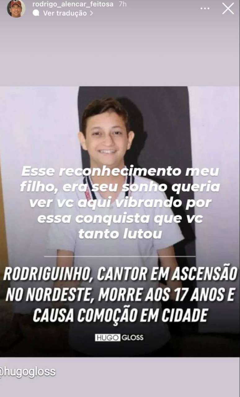 Rodriguinho Feitosa's father pays tribute to his son on Instagram Rodriguinho Feitosa's father pays tribute to his son on Instagram