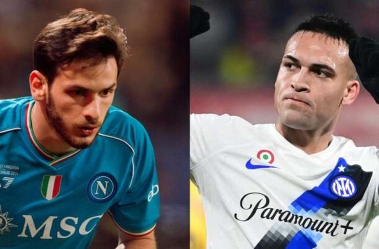 Fotos: Divulgação / Napoli e Piero Criciatti/AFP via Getty Images - Legenda: Kvaratskhelia (Napoli) e Lautaro Martínez (Inter) , dois dos astros da final da Supercopa