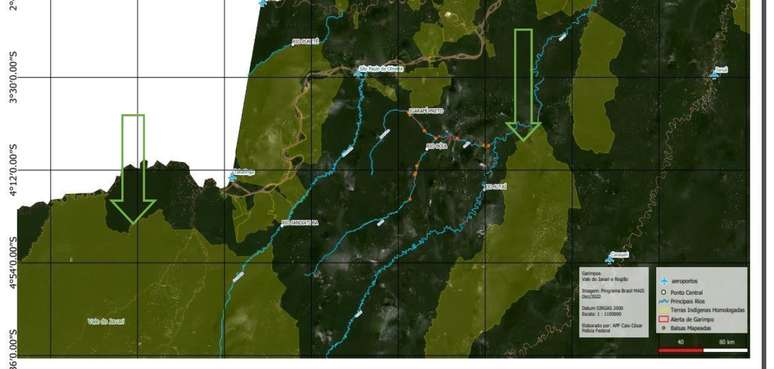 Setas na cor verde indicam, da esquerda para a direita, as TI’s Vale do Javari e Rio Biá. Entre elas, o complexo fluvial de maior incidência de extração mineral ilegal nas proximidades das TI.