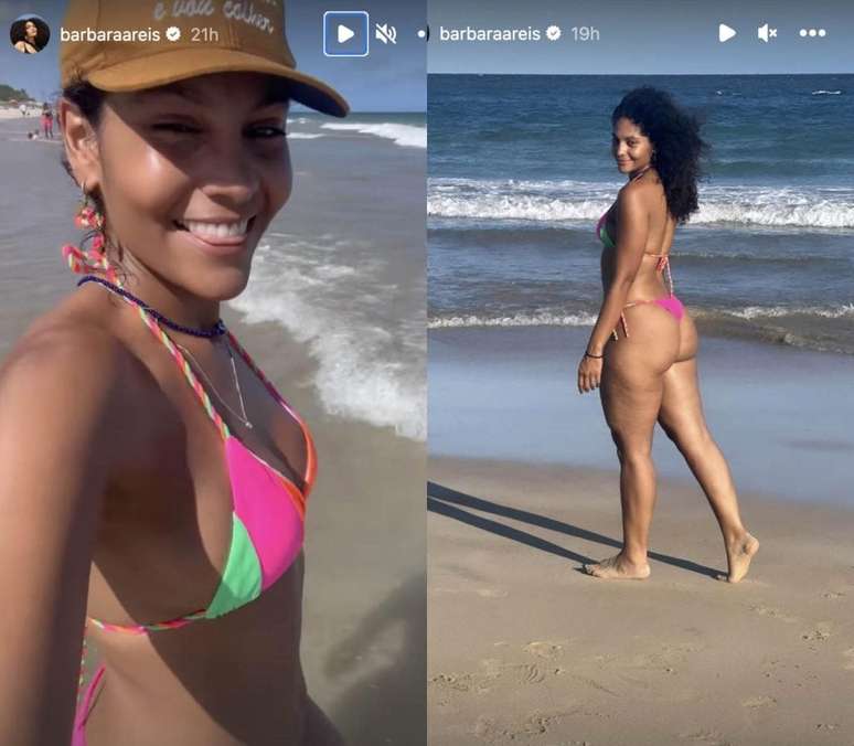 De biquíni fininho, Barbara Reis curte dia de sol em praia