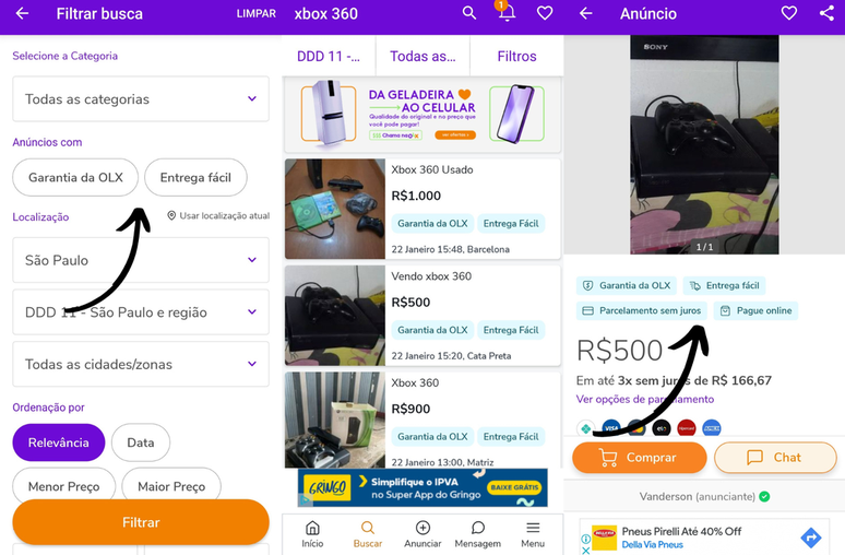 Use o filtro para encontrar o produto que oferece as opções do OLX Pay (Imagem: Captura de tela/Ricardo Syozi/Canaltech)