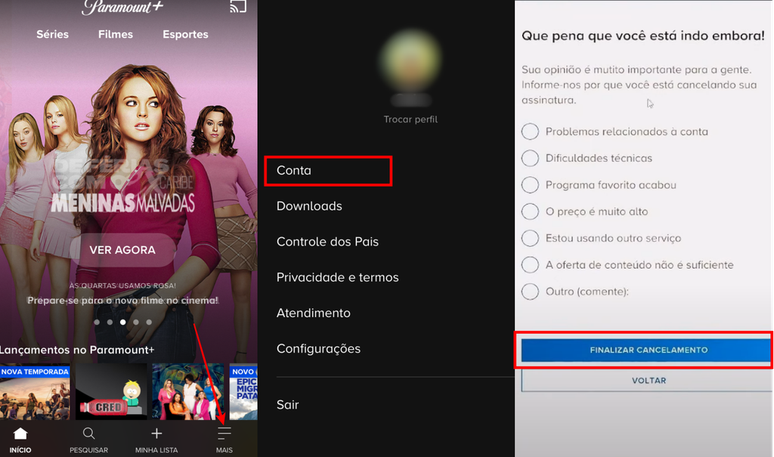 É possível cancelar uma assinatura do Paramount+ diretamente no app (Imagem: Captura de tela/Fabrício Calixto/Canaltech)