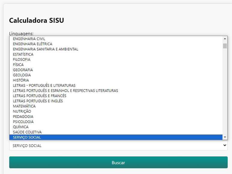 Página de seleção dos cursos da calculadora de notas para o SiSU.