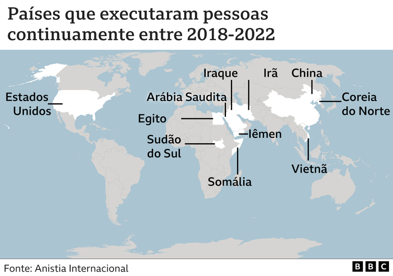 Mapa mostra países que executaram pessoas de maneira contínua entre 2018 e 2022