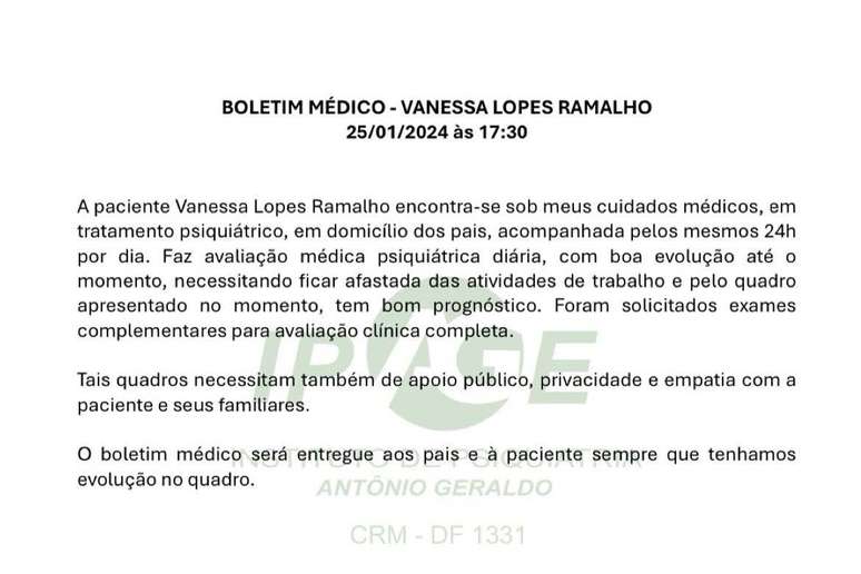 Boletim médico de Vanessa Lopes