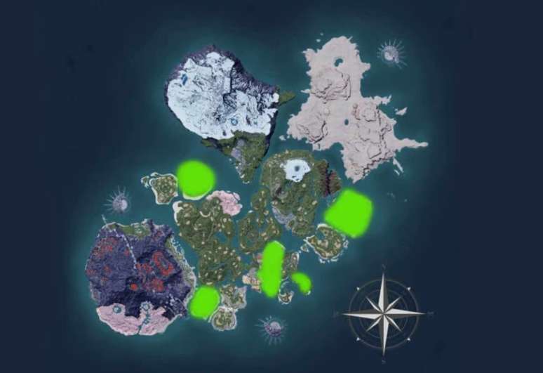 As áreas destacadas em verde no mapa são os redutos onde os Dinossom podem ser encontrados