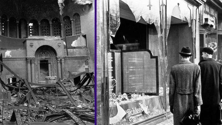 Durante a "Noite dos Cristais", sinagogas foram destruídas (foto à esquerda) e vitrines de lojas foram quebradas (como visto à direita)