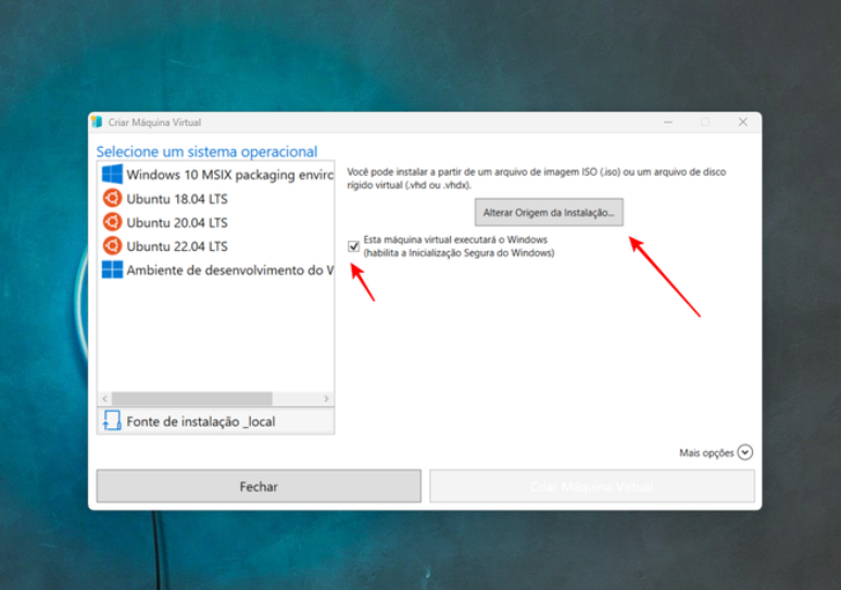 É possível usar arquivo à parte ou instalar sugestões de sistemas no Hyper-V do Windows (Imagem: Captura de tela/Fabrício Calixto/Canaltech)