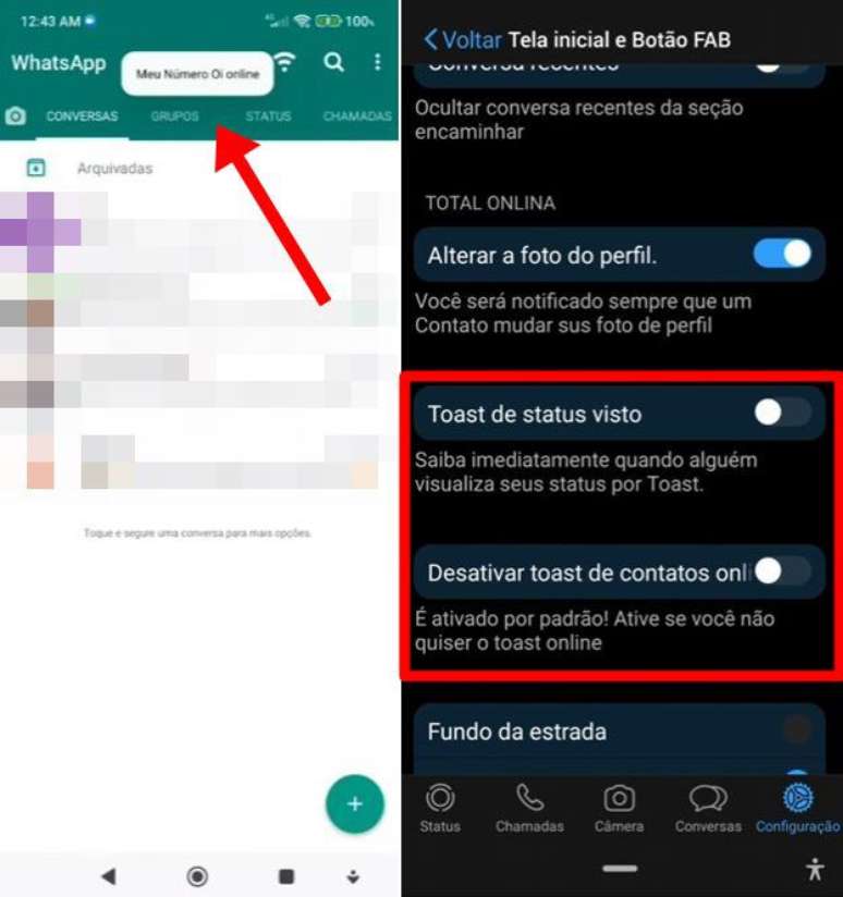 Modified versions of WhatsApp display pop-up notifications about online contacts and status display; In the settings you can disable the alerts (Image: Screenshot/Canaltech) Modified versions of WhatsApp display pop-up notifications about online contacts and status display; In the settings you can disable the alerts (Image: Screenshot/Canaltech)