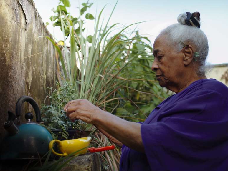 A imagem mostra uma cena do filme “Dalva da rua sete”, que participa do Festival Visões Periféricas. Na foto uma senhora negra, grisalha usando um vestido roxo, mexe em um vaso de plantas.